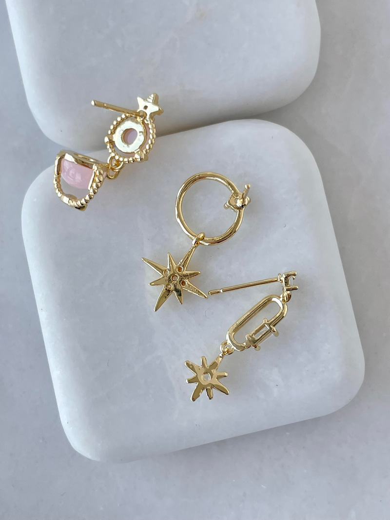 Altın Kaplama Üçlü Opal Taşlı Kuzey Yıldızı Küpe Pembe