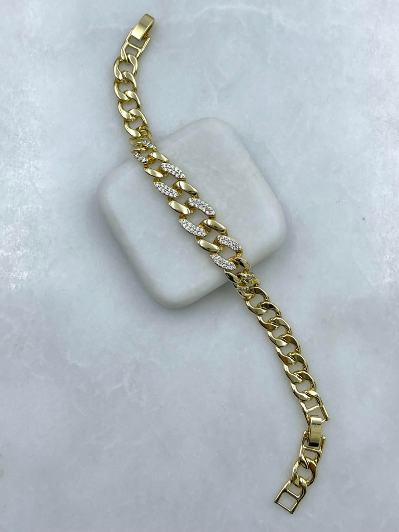 Özel Seri Gömme Taşlı Büyük Küçük Taşlı Zincir Bileklik Gold