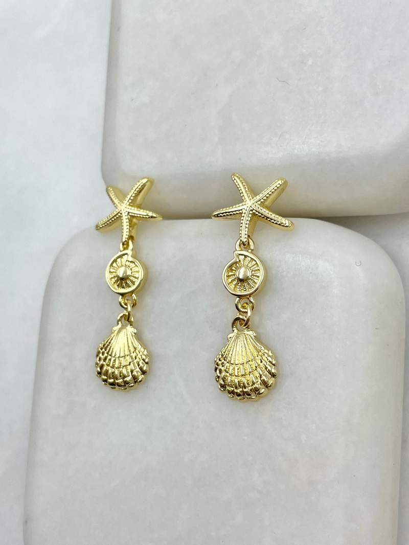 İstiridye Sallantılı Deniz Yıldızı Küpe Gold
