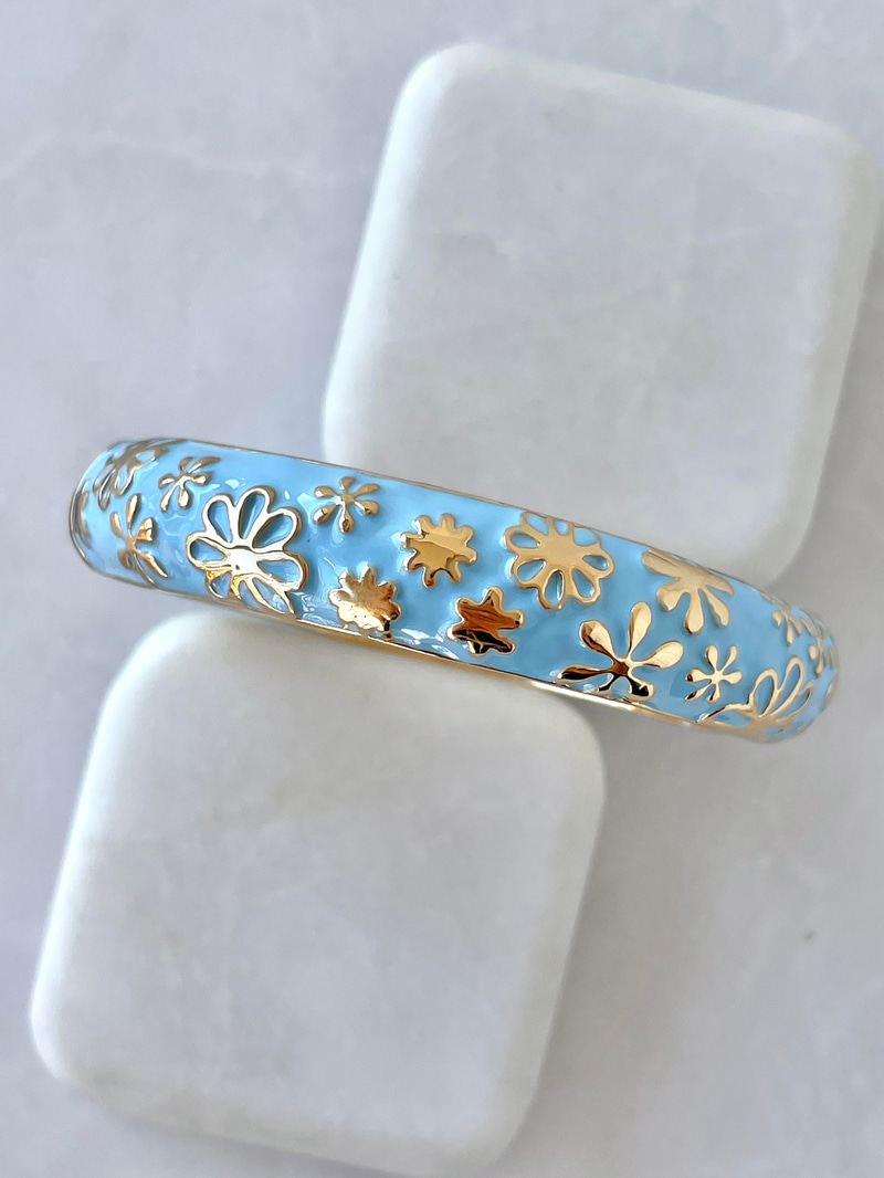 Altın Kaplama Mineli Çiçekli Kelepçe Bileklik Mavi