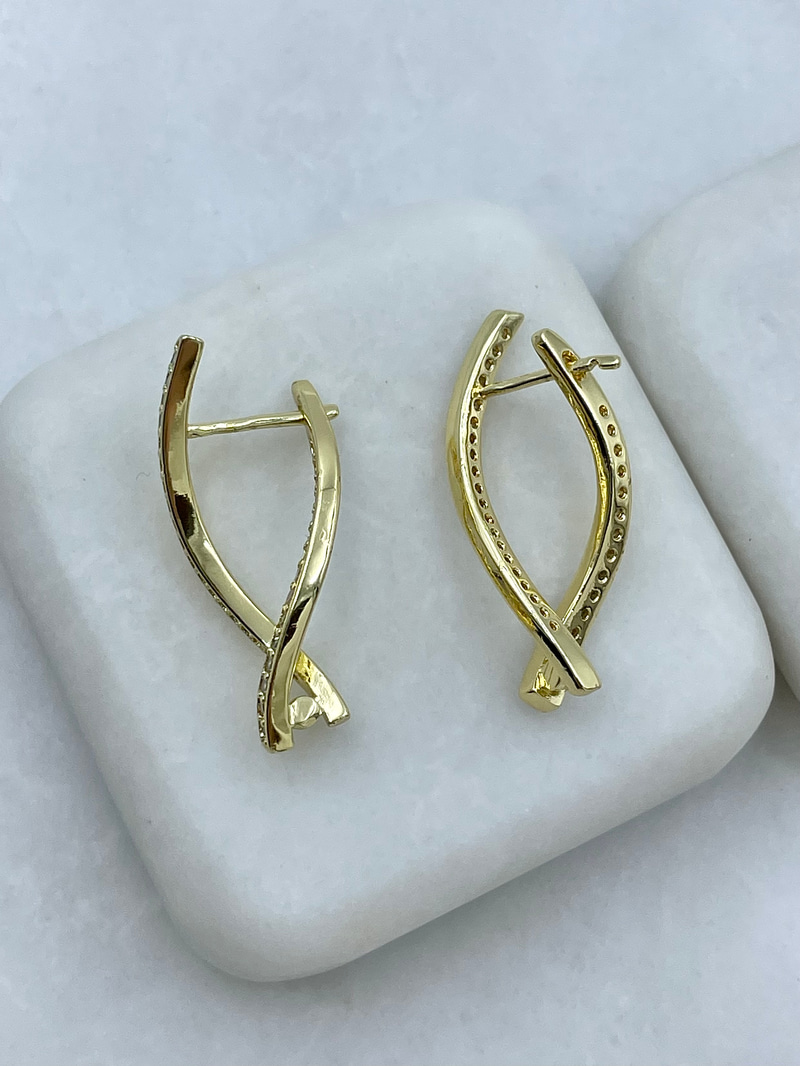 Altın Kaplama Gömme Taşlı Dalga Tasarım Küpe Gold