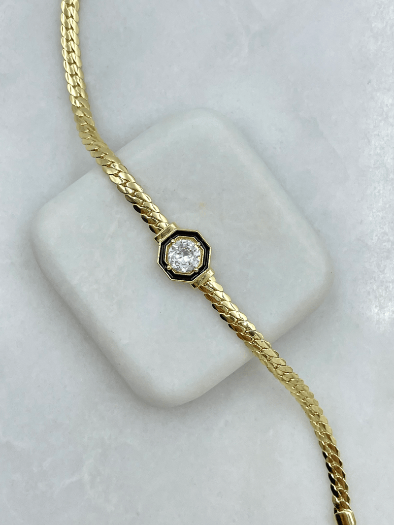 Altın Kaplama Siyah Mineli Kristal Taşlı Bileklik Gold