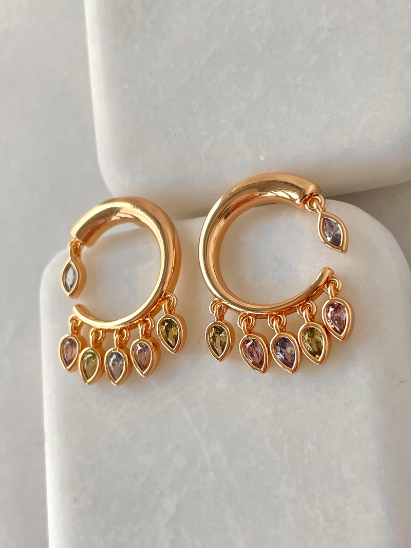 Özel Seri Renkli Damla Kristal Sallantılı Daire Küpe Gold
