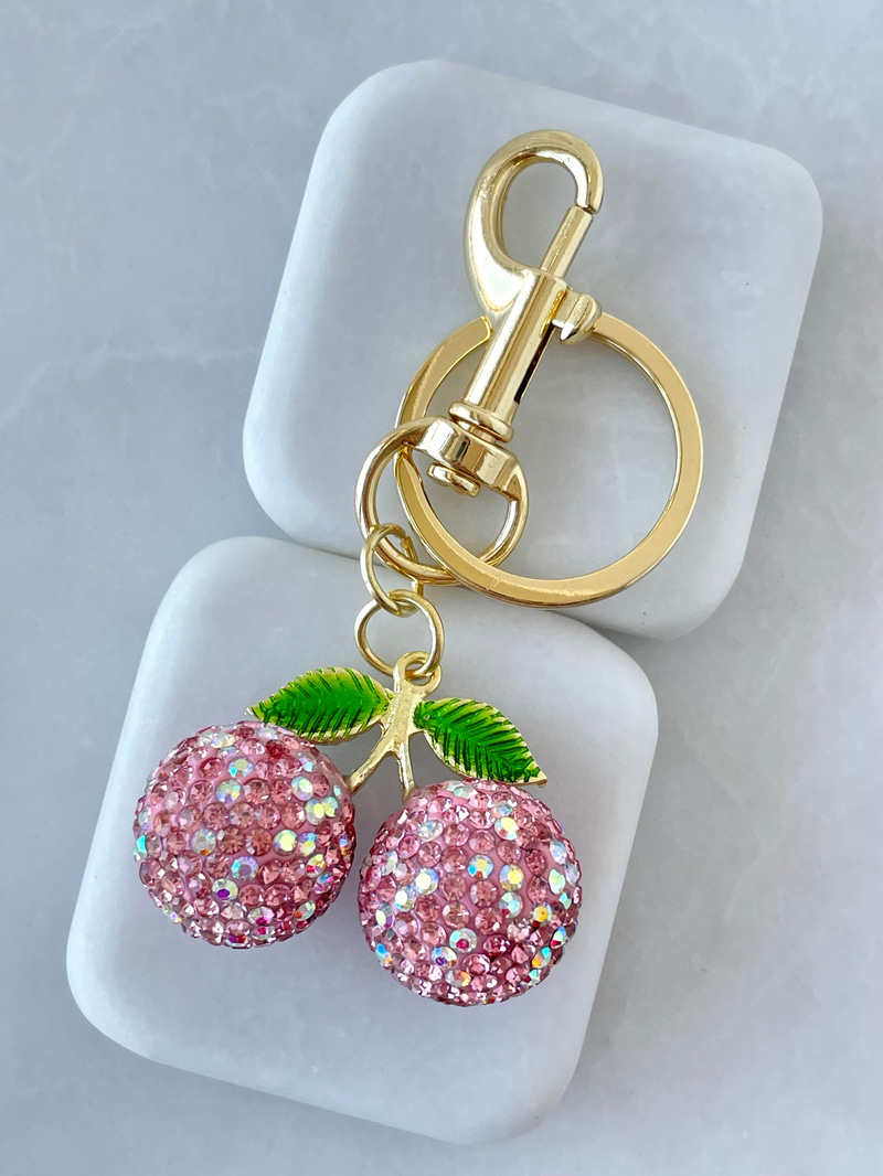 Kristal Taşlı Kiraz Anahtarlık Pembe