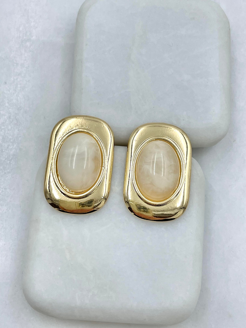 Altın Kaplama Gold Plaka Opal Taşlı Vintage Küpe Bej