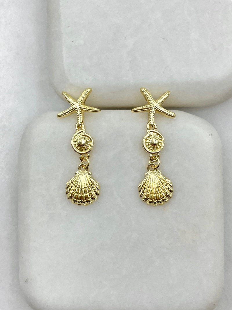 İstiridye Sallantılı Deniz Yıldızı Küpe Gold