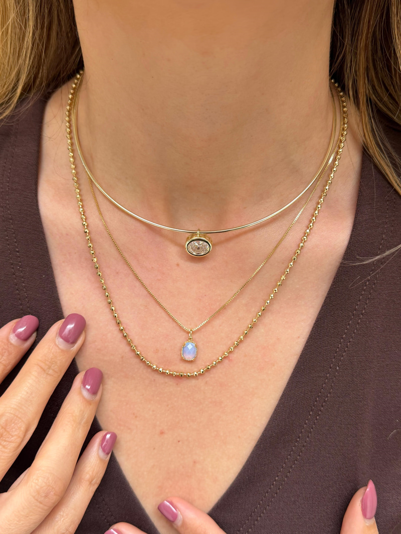 Taş Sallantılı Tel Choker Kolye Kombini Gold