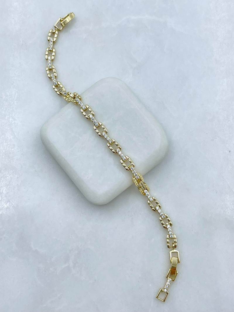 Altın Kaplama Gömme Taşlı Kare Model Tasarım Bileklik Gold