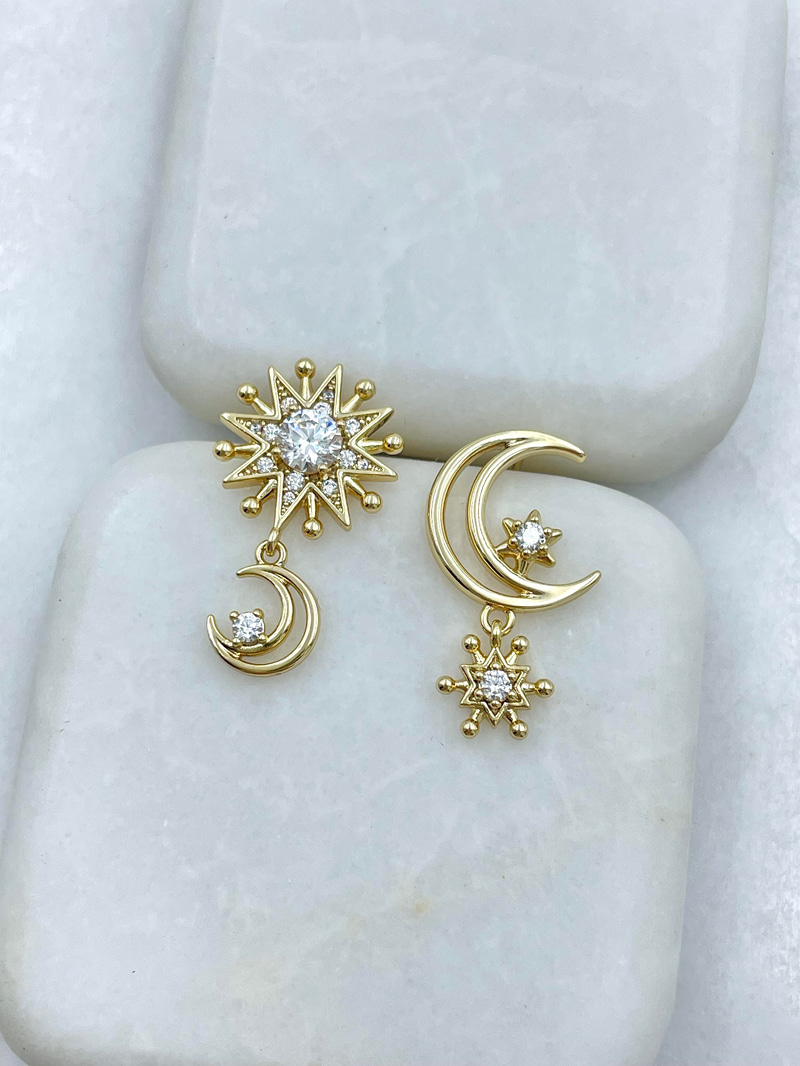 Özel Seri Kristal Taşlı Ay ve Yıldız Küpe Gold