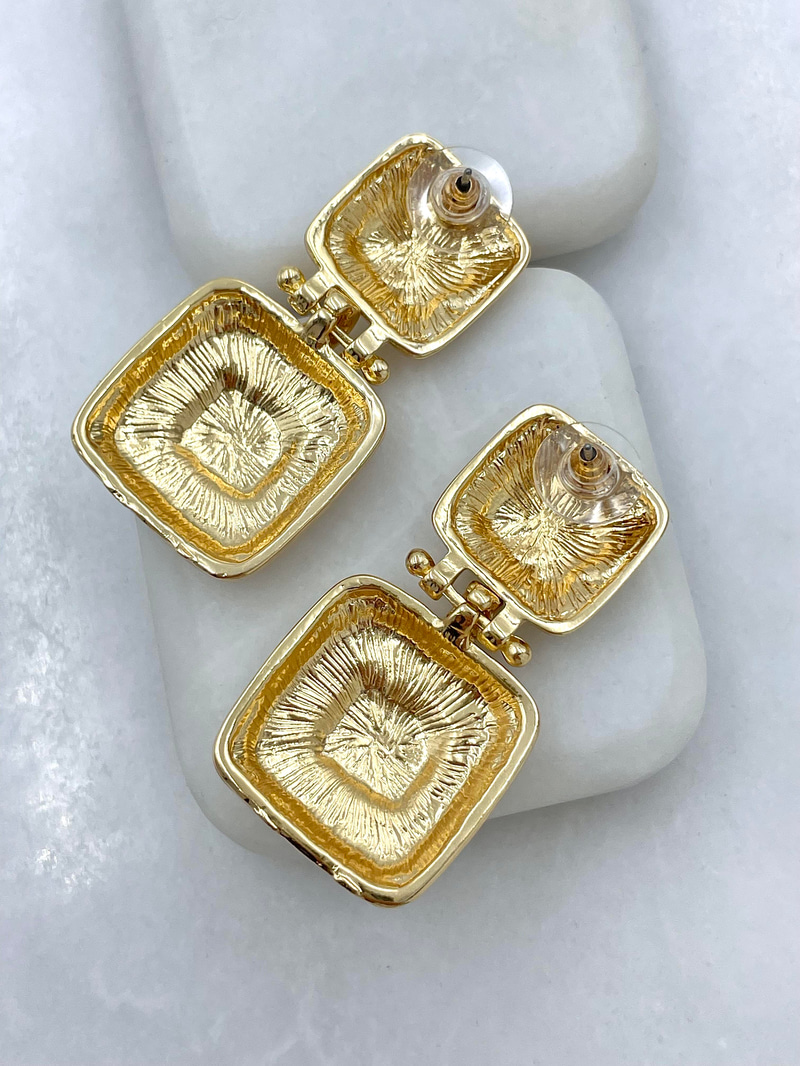 Altın Kaplama Gold Detaylı İkili Kare Model Vintage Küpe Vizon