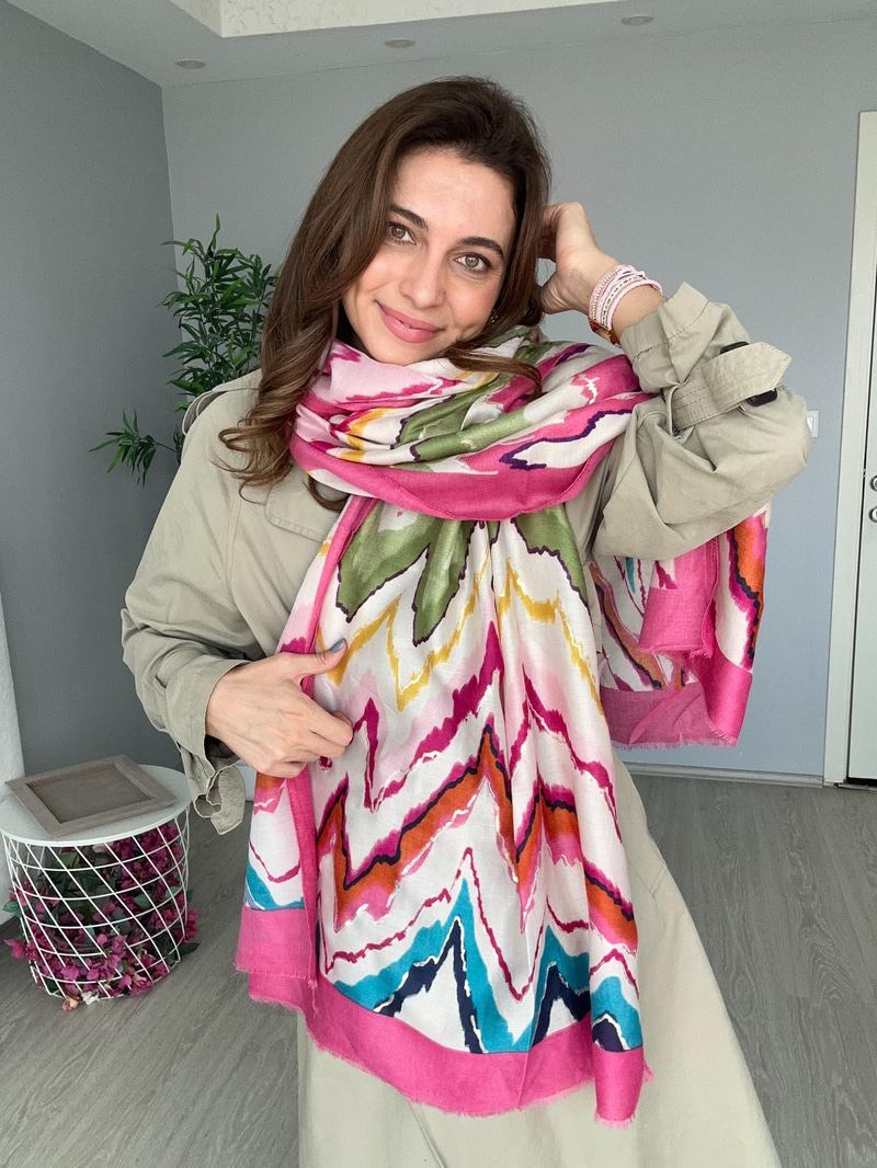 Zikzak Desenli Varaklı Pembe Şal