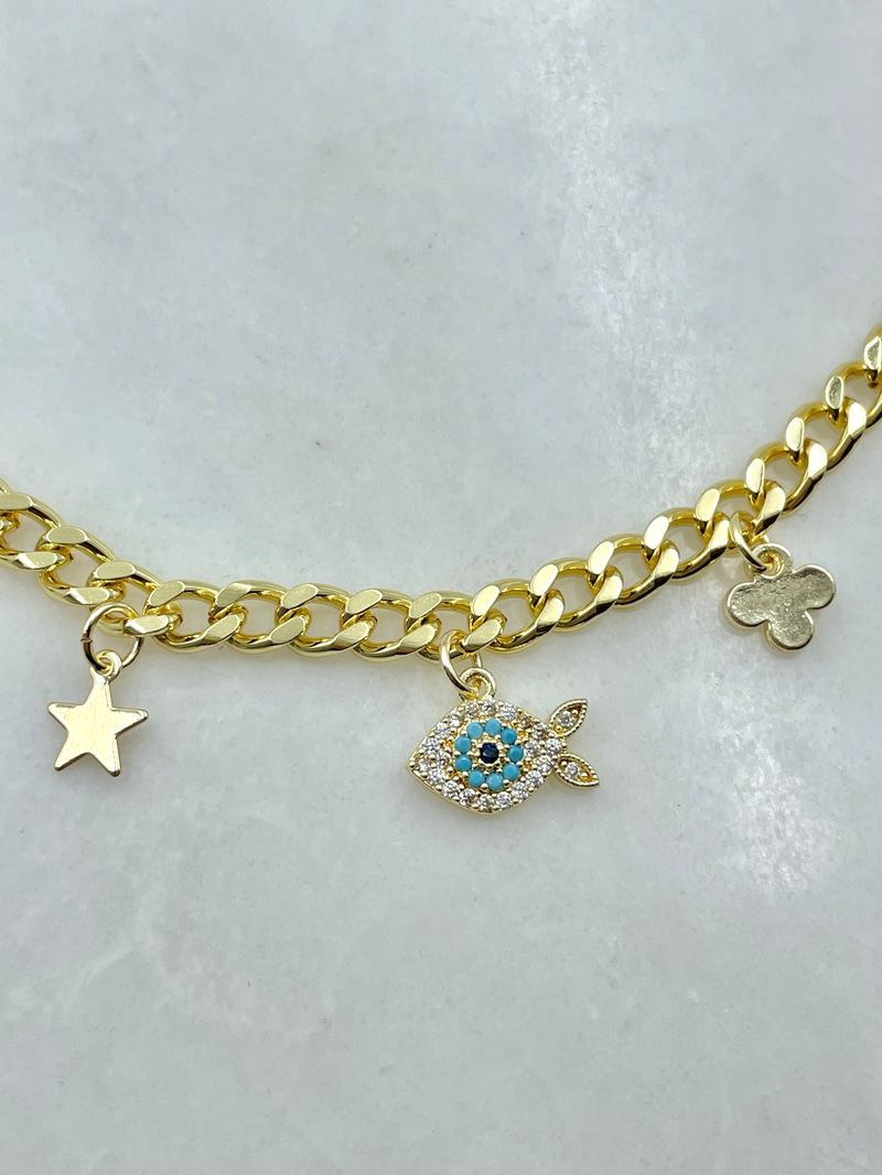 Gömme Taşlı Balık Sallantılı Zincir Kolye Gold