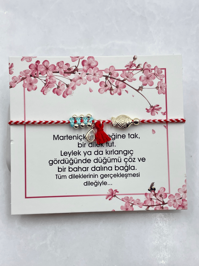 Marteniçka Balık ve Kristal Taş Sallantılı Bileklik Kırmızı