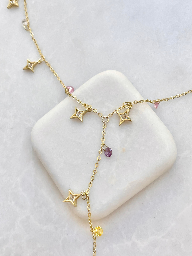 Altın Kaplama Kristal Boncuk ve Yıldız Sallantılı Y Kolye Gold