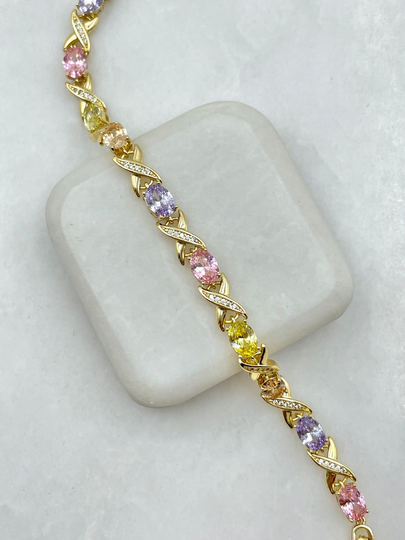 Özel Seri Renkli Kristal Taşlı X Model Bileklik Gold
