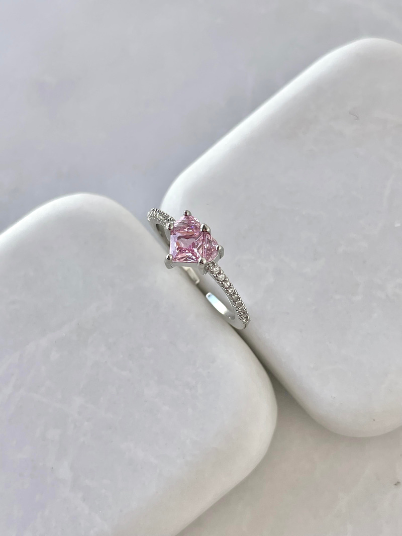Altın Kaplama Kristal Pembe Kalpli Yüzük Gümüş