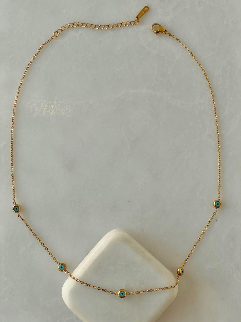 Çelik Beşli Minimal Nazar Boncuklu Kolye Gold