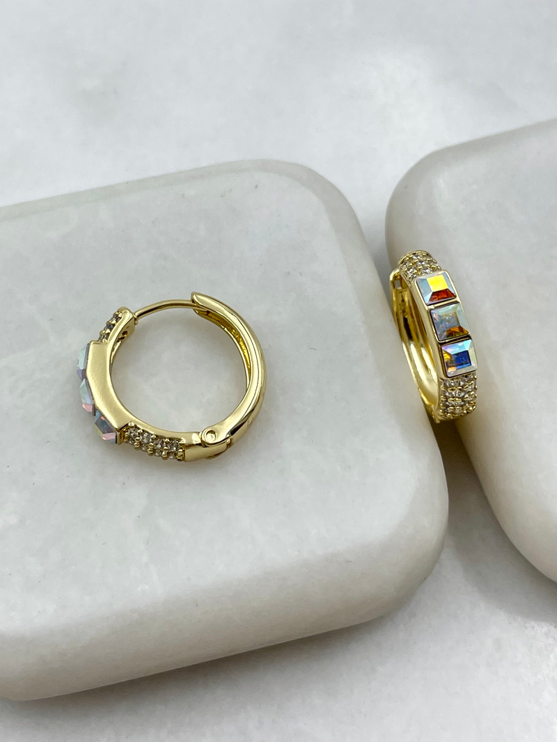 Özel Seri Üçlü Swarovski Taşlı Halka Küpe Gold