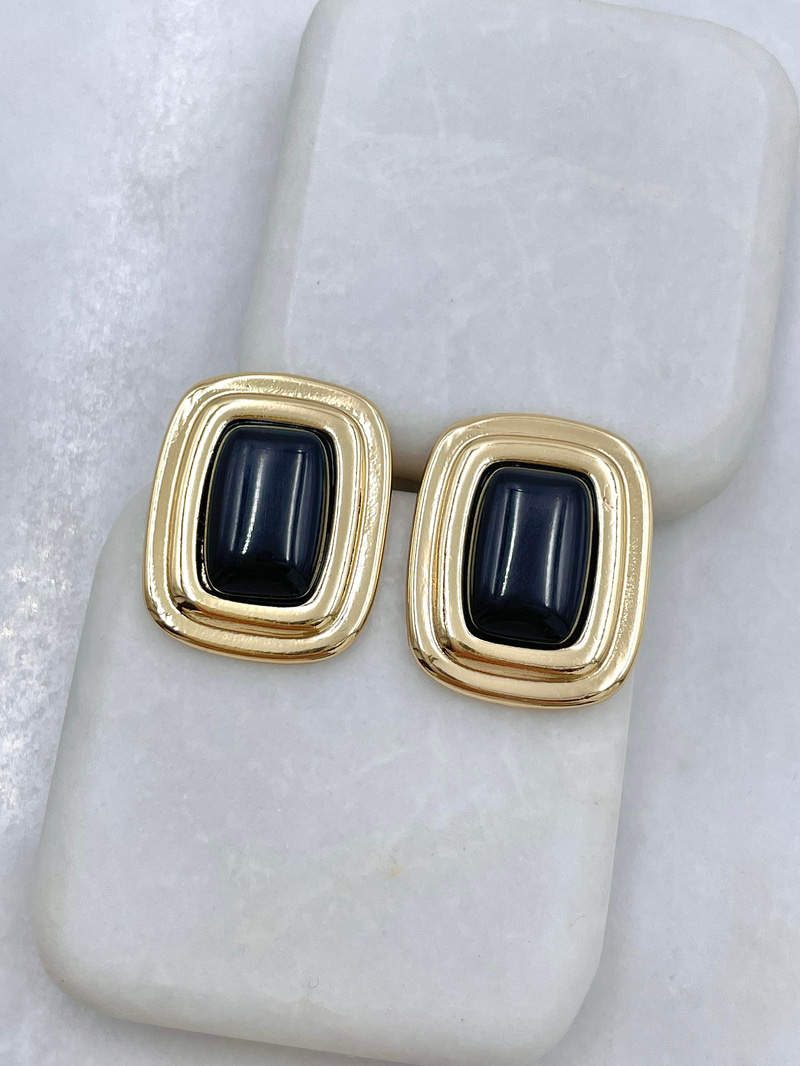 Altın Kaplama Köşeli Çerçeve Model Siyah Mineli Vintage Küpe Gold