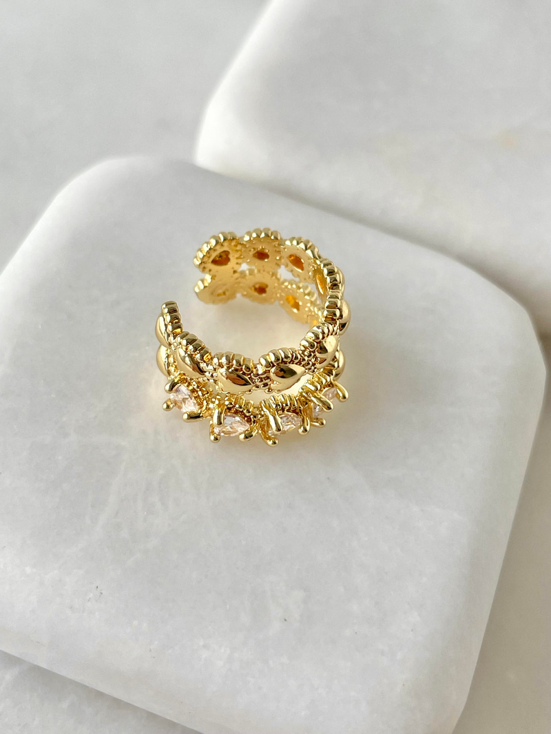 Kristal Taşlı Çift Sıra Kalp Kıkırdak Küpe Gold