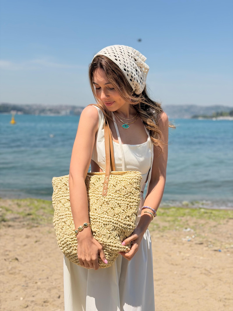 İpli Bağlamalı Midiboy Pareo Bandana Krem