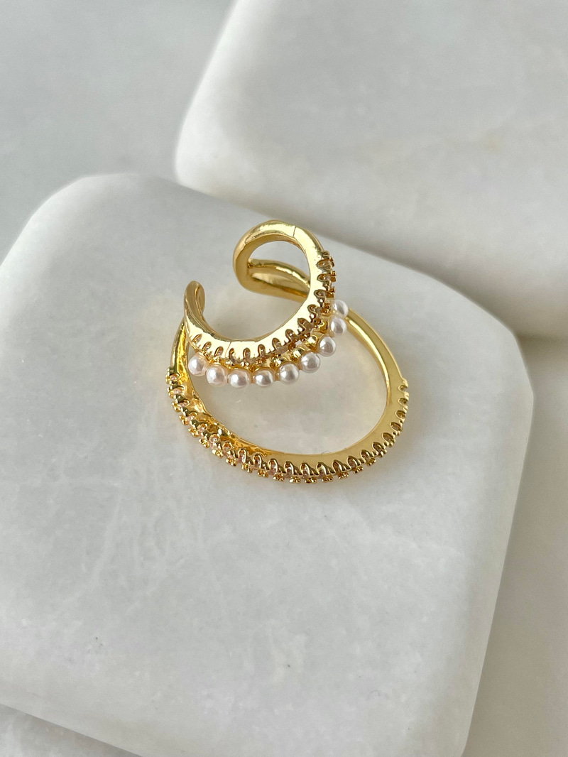 İncili Büyük Küçük Halkalı Kıkırdak Küpe Gold