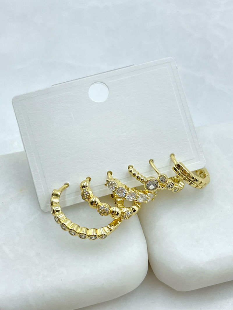 Altın Kaplama Altılı Kristal Taşlı Halka Set Küpe Gold