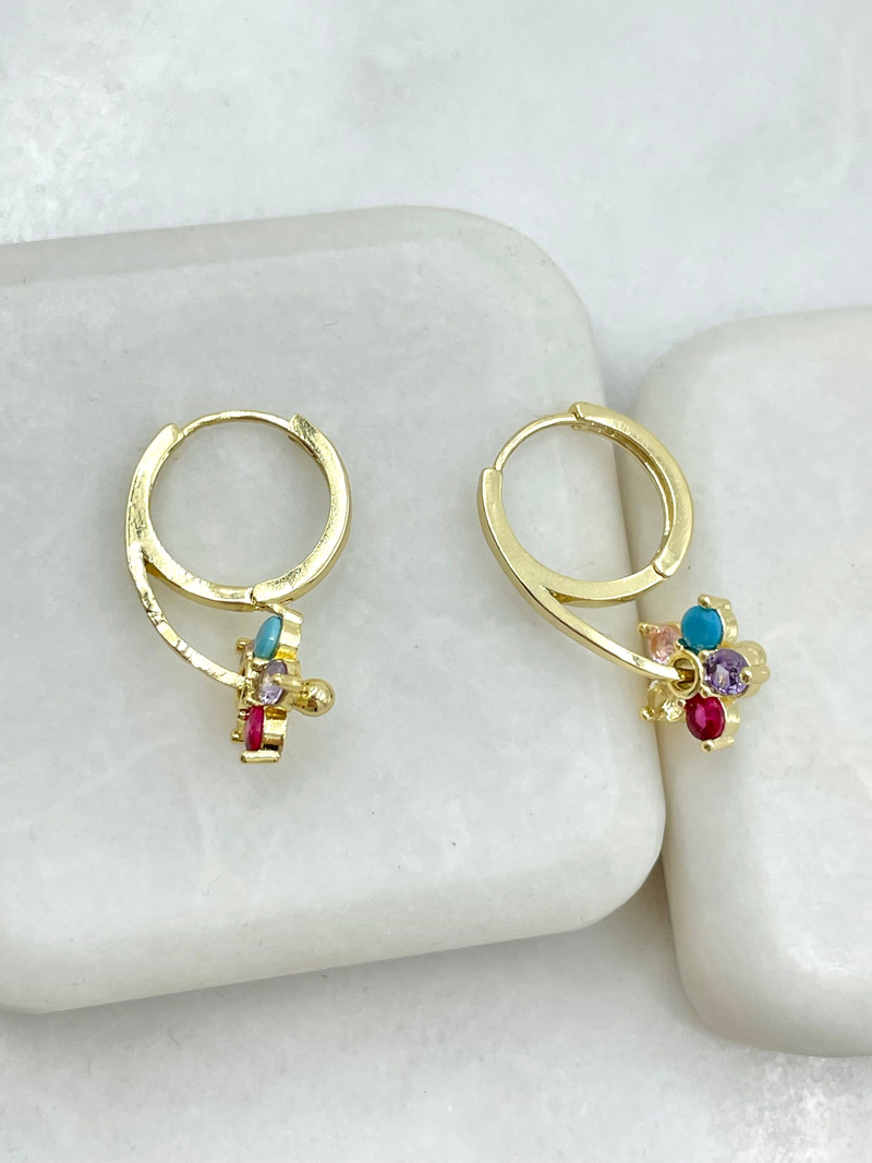 Renkli Kristal Taşlı Çiçek Küpe Gold