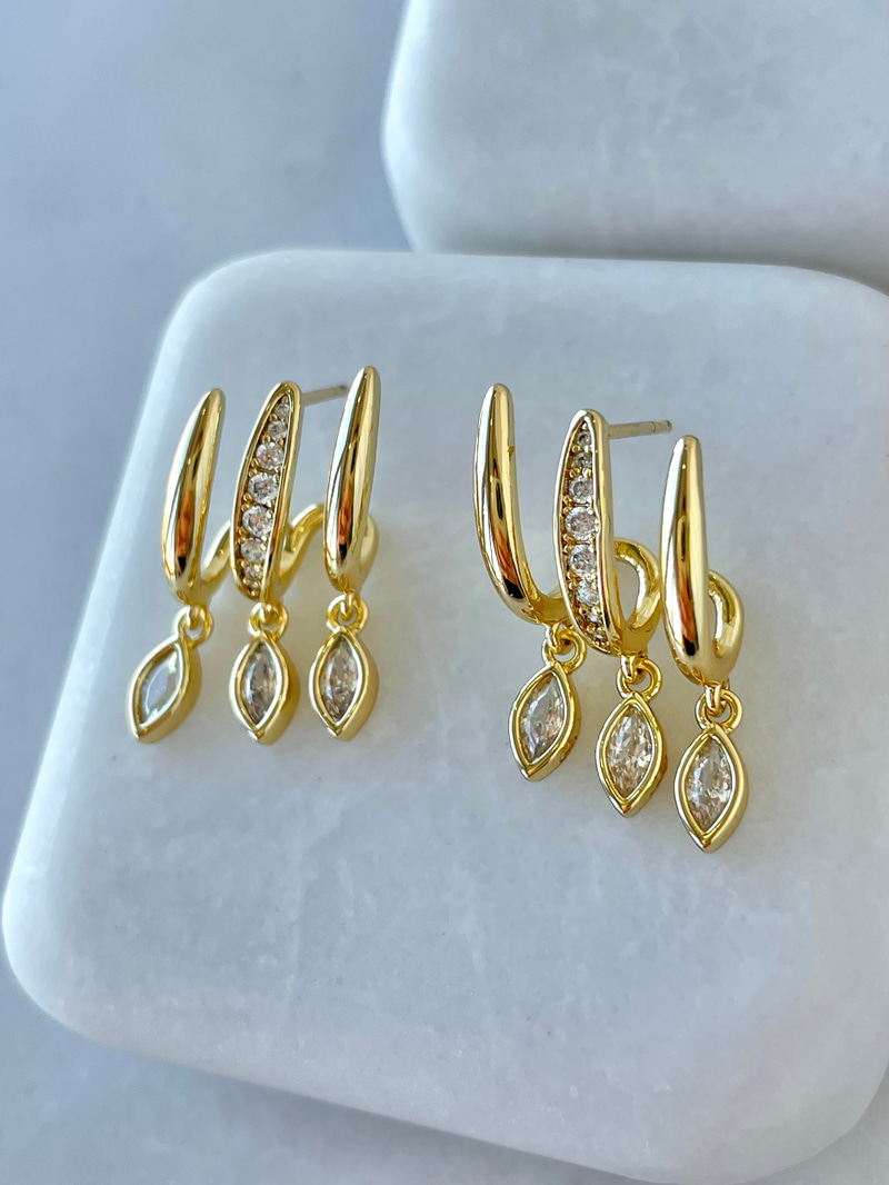 Özel Seri Üçlü Görünüm Kristal Damla Sallantılı Küpe Gold