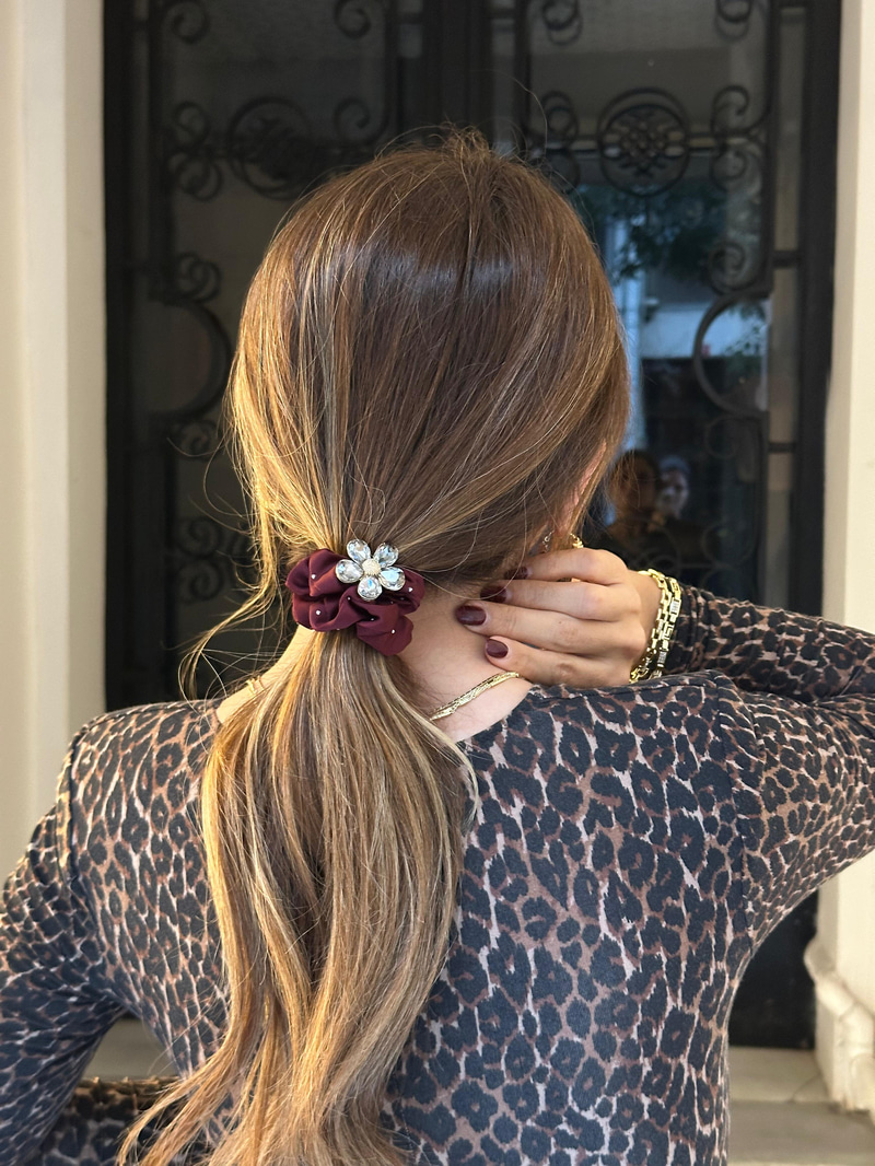 Kristal Çiçekli Premium Scrunchie Toka Bordo