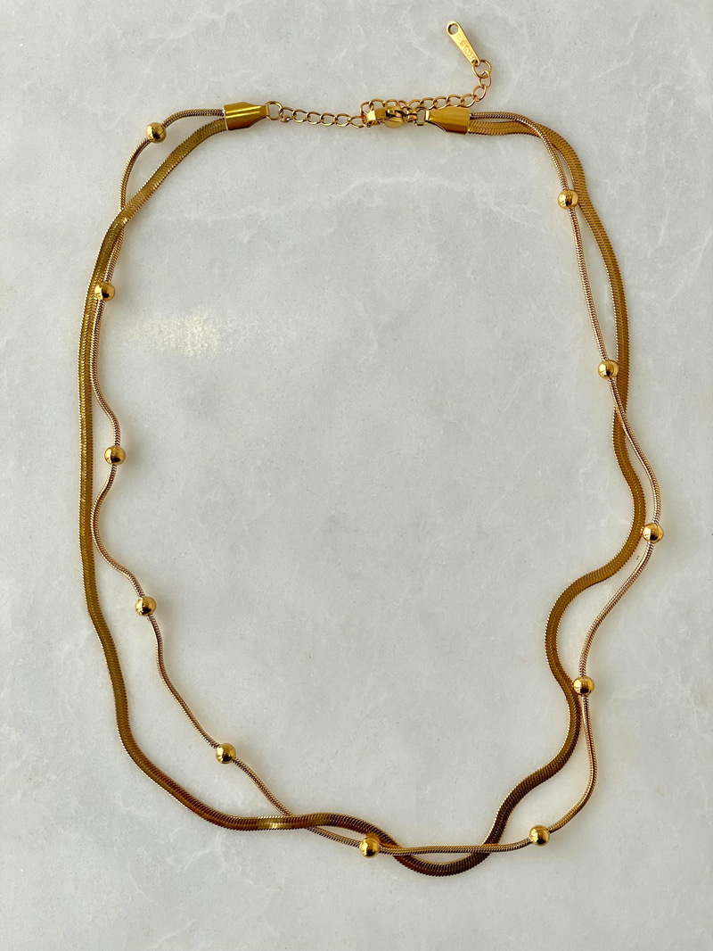 Çelik Topçuklu ve İtalyan Çift Sıra Kolye Gold