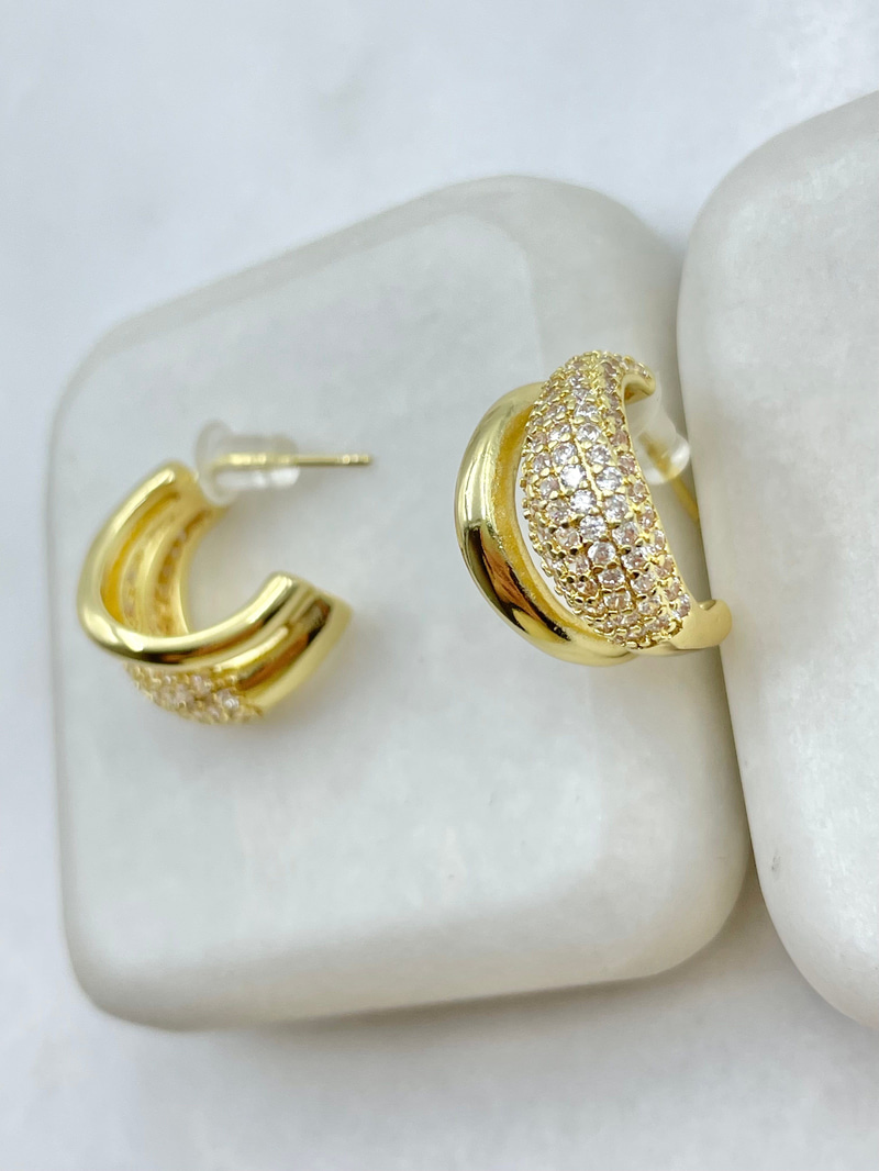 Gömme Taşlı İkili Bombe Küpe Gold