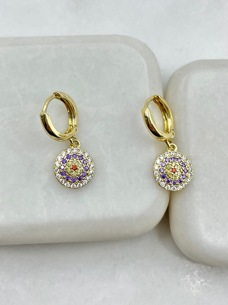 Özel Seri Mor Gömme Taşlı Daire Sallantılı Küpe Gold