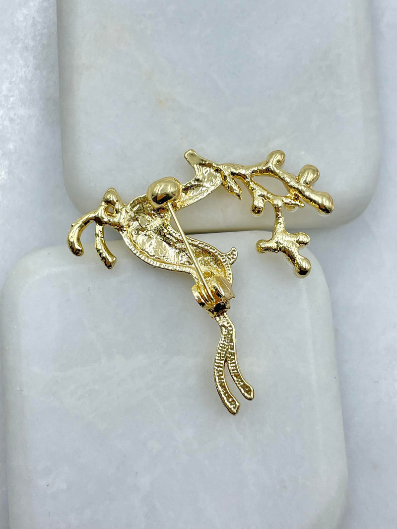 İncili Kristal Çiçekli Geyik Broş Gold
