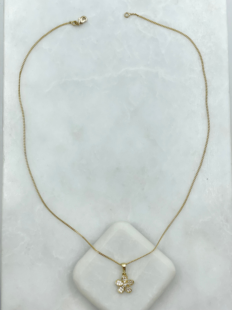 Özel Seri Gömme Taşlı Minimal Çiçek Kolye 45 cm Gold