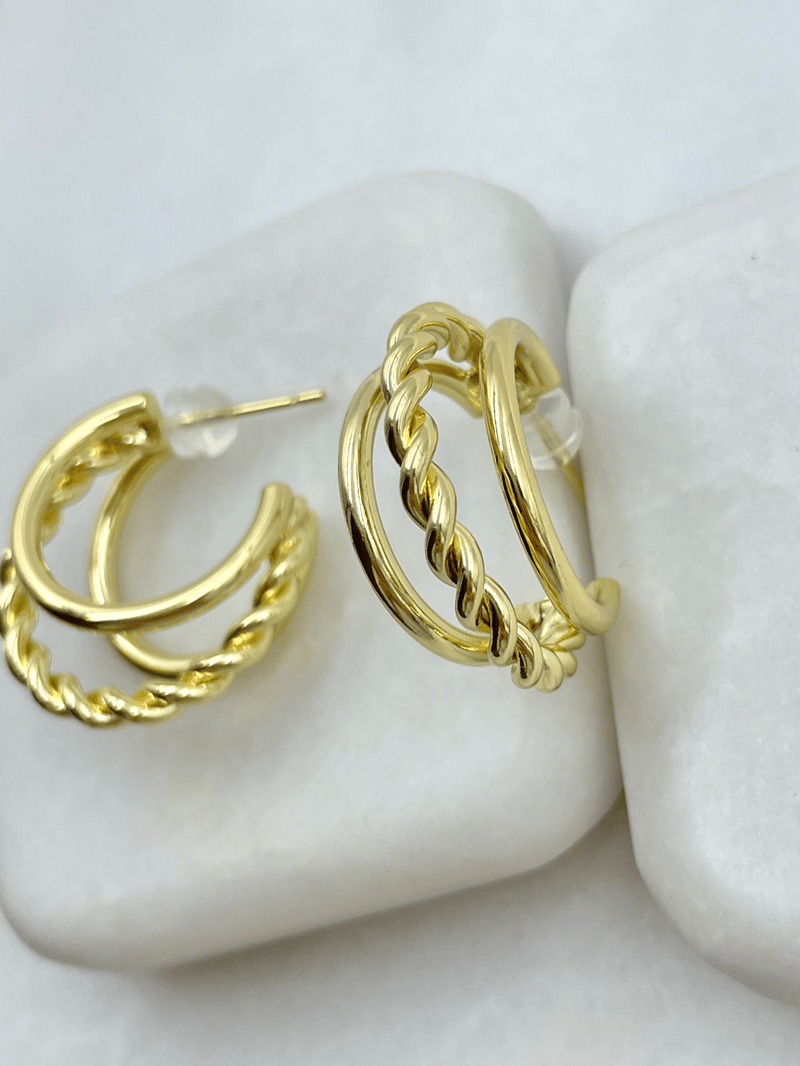 Altın Kaplama Üçlü Görünüm Burgu Halka Küpe Gold