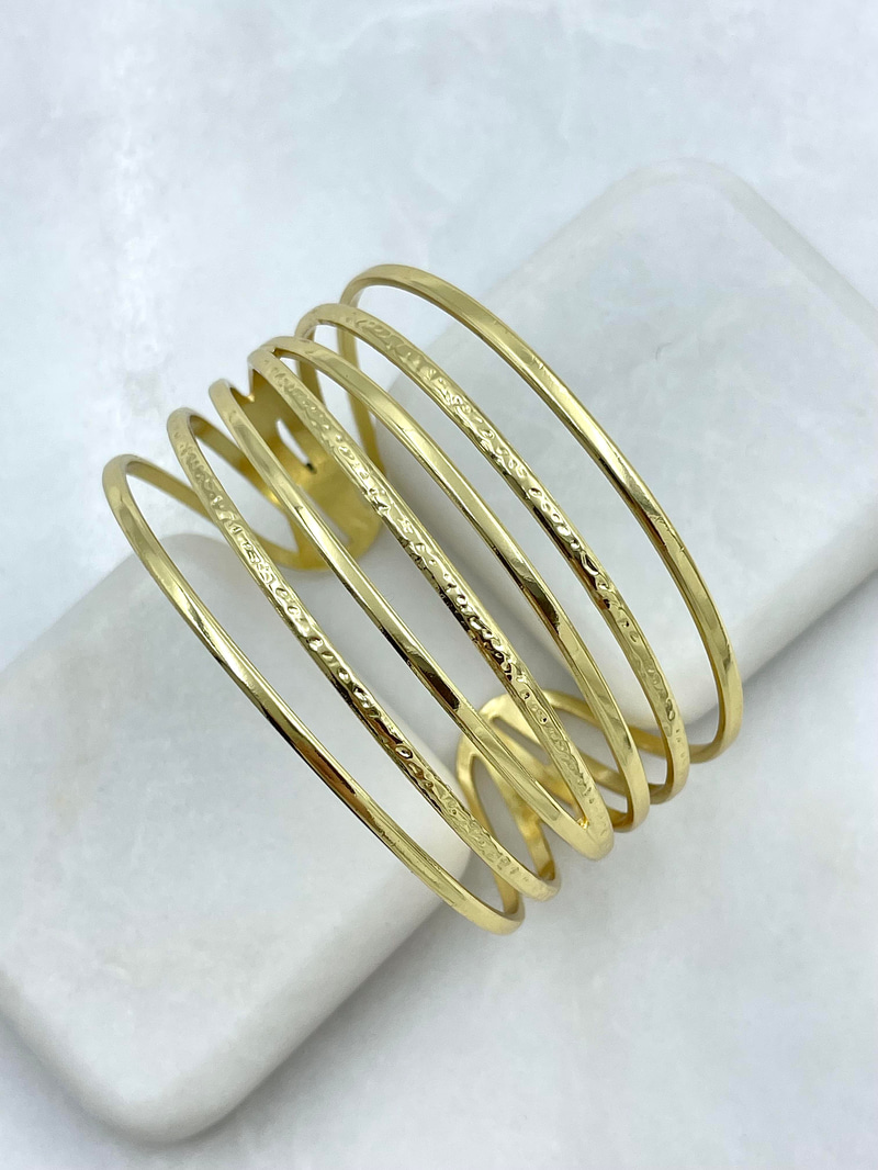 Çelik Yedi Sıra Desenli ve Düz Model Kelepçe Bileklik Gold