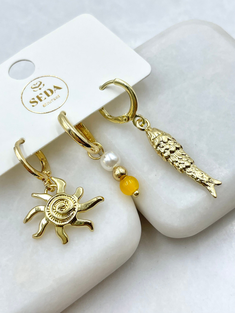 Güneş ve Balık Sallantılı Üçlü Set Küpe Gold