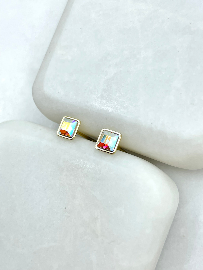 Özel Seri Minik Kare Swarovski Kare Küpe Gold