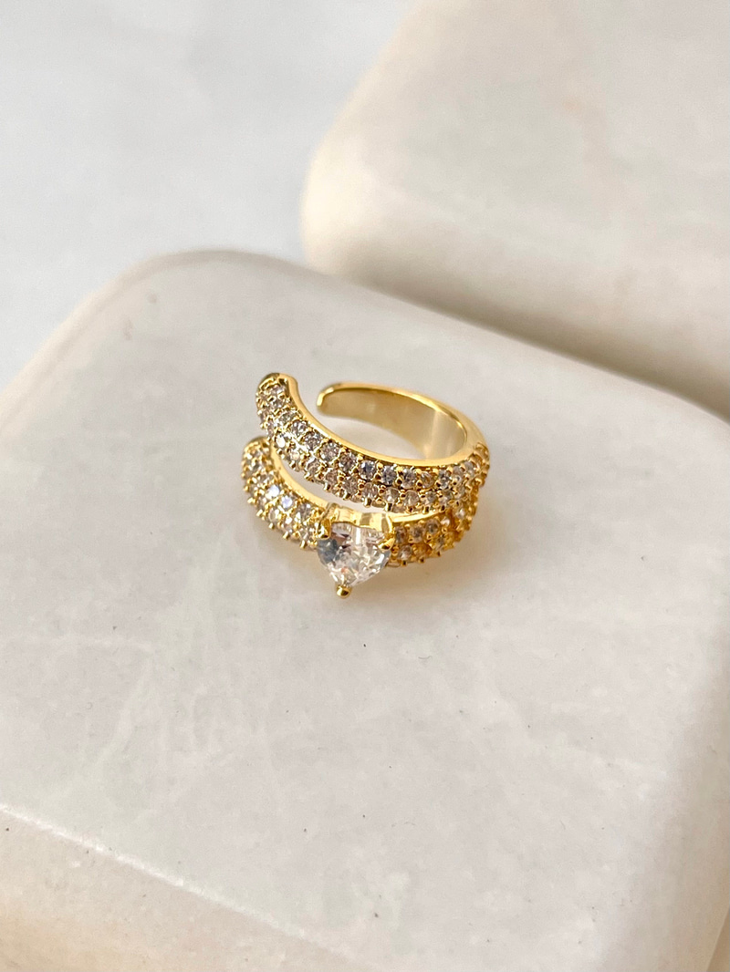 Gömme Taşlı Çift Sıra Kalp Kıkırdak Küpe Gold
