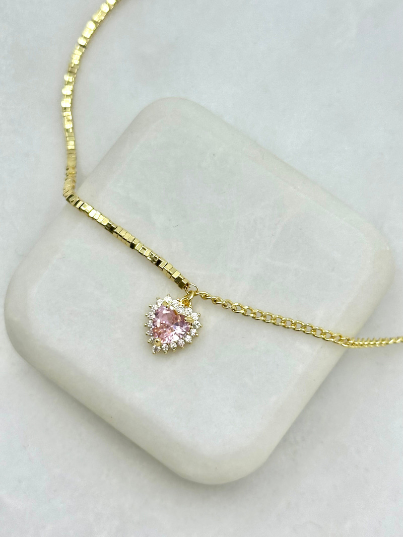 Pembe Kristal Taşlı Kalp Model Küp ve Zincir Halhal Gold