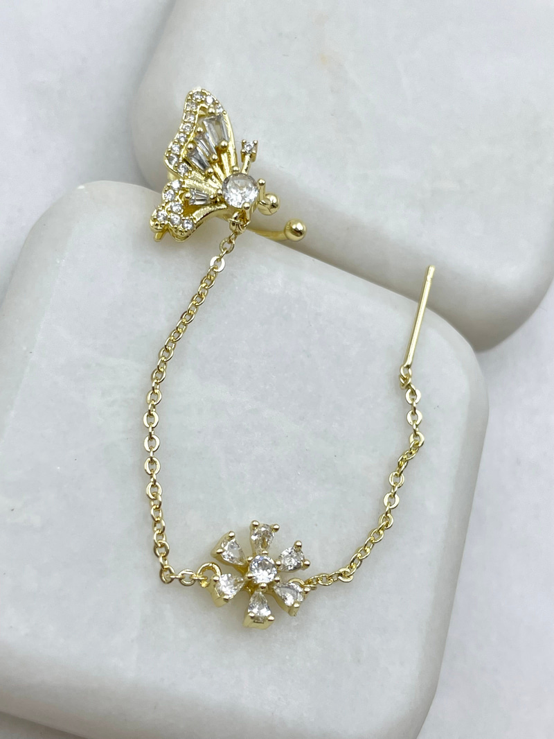 Altın Kaplama Kristal Taşlı Kelebek Kıkırdaklı Küpe Gold