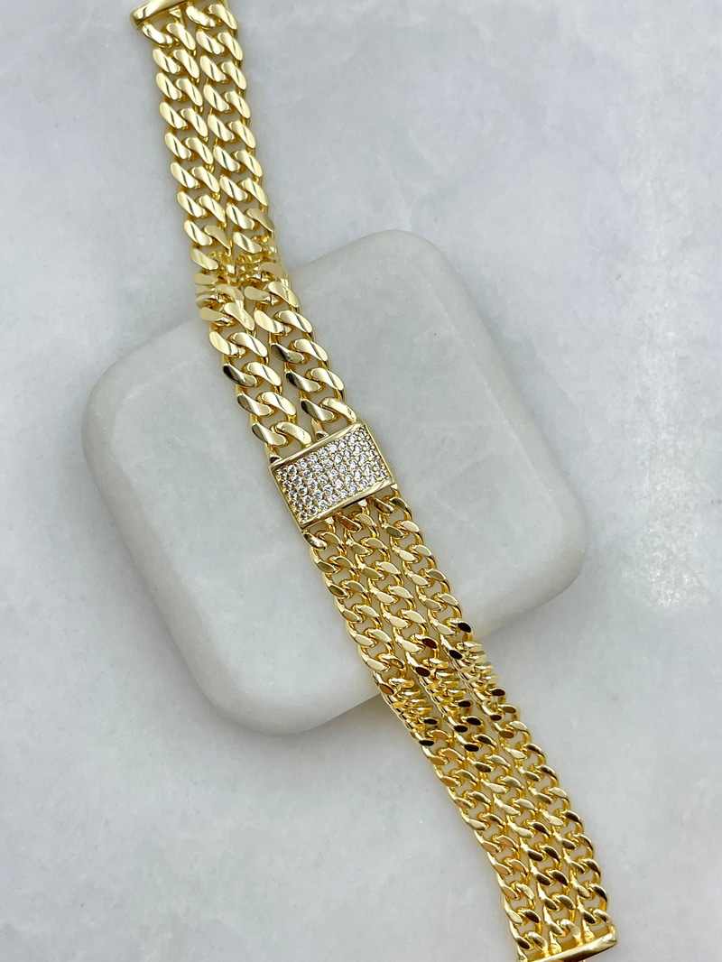 Zirkon Taşlı Tasarım Ezme Zincir Bileklik Gold