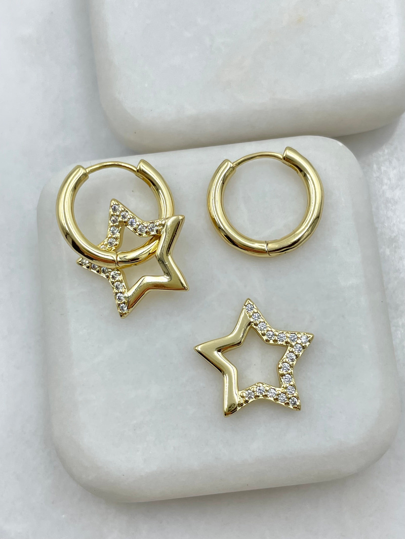 Özel Seri Kristal Taşlı Yıldız Charmlı Halka Küpe Gold