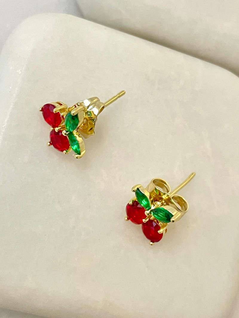 Özel Seri Minimal Kristal Taşlı Kiraz Küpe Gold