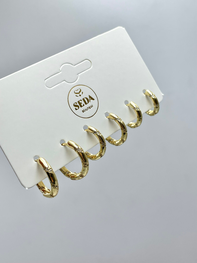 Altın Kaplama Gömme Taşlı Basic Halka Model Altılı Set Küpe Gold