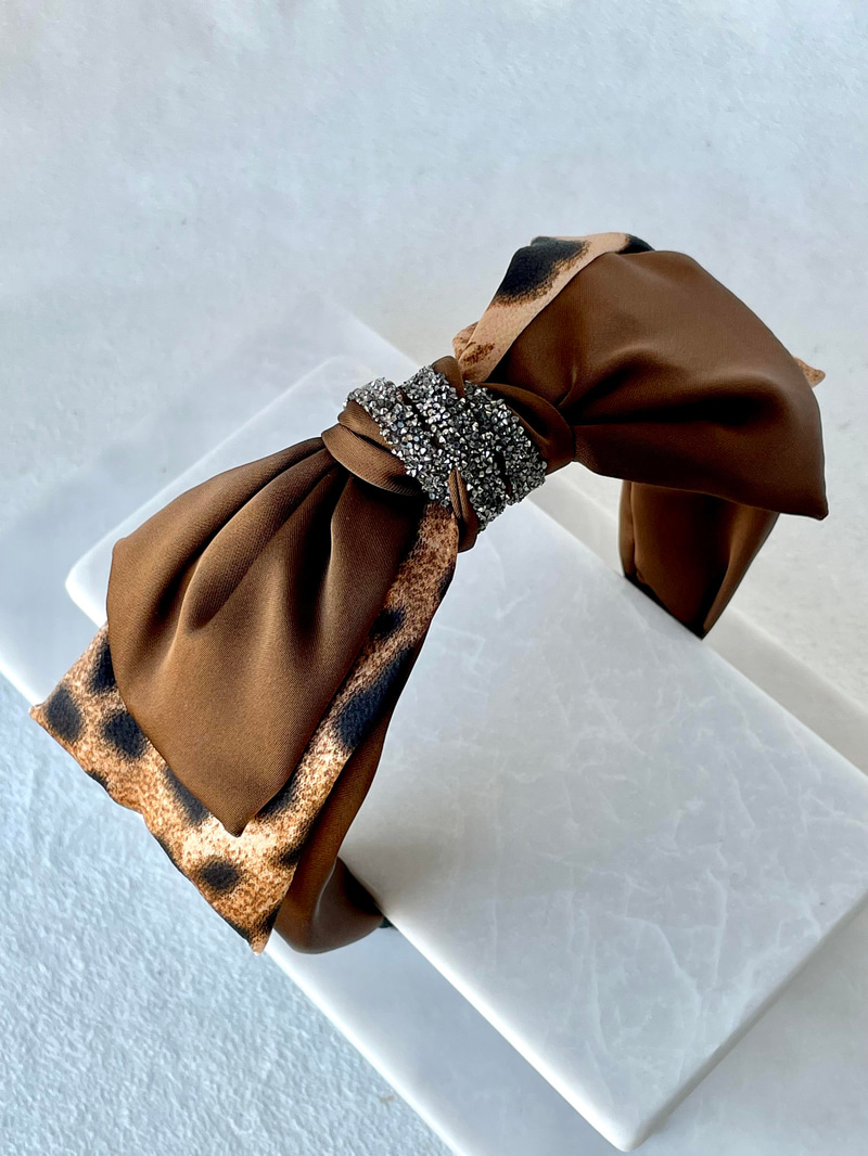 Leopar Desenli Saten Fiyonk Bandana Taç Kahve