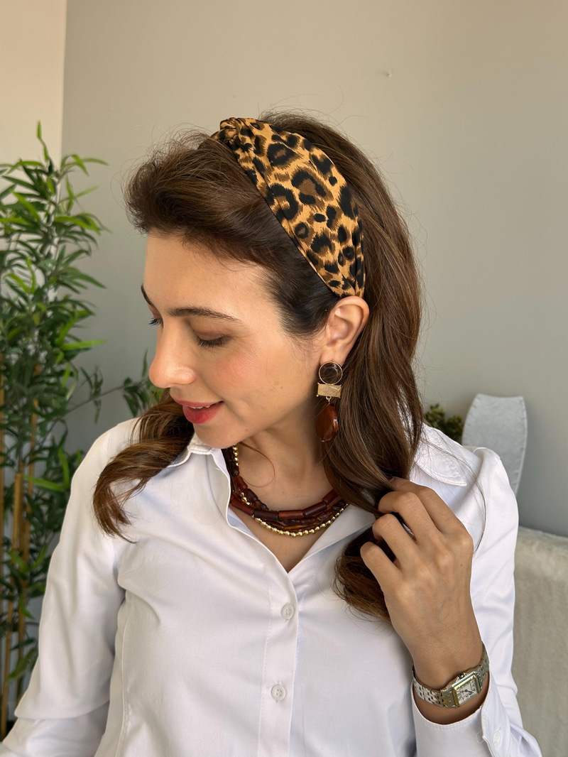 Leopar Desenli Düğüm Model Bandana Taç Kahve