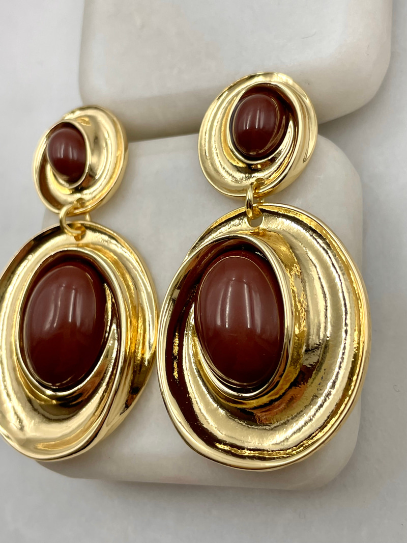 Taşlı Büyük Küçük Sarmal Vintage Küpe Kahve