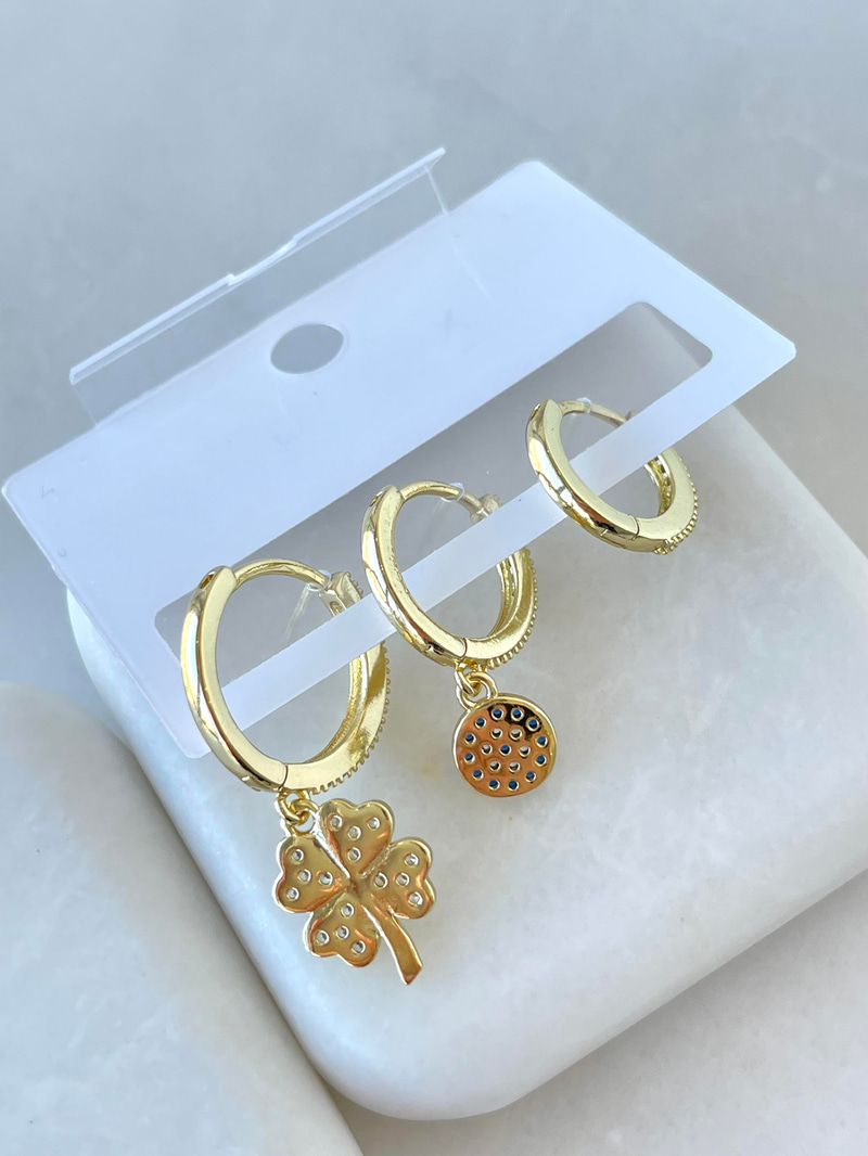 Özel Seri Üçlü Yonca ve Nazar Boncuklu Küpe Gold